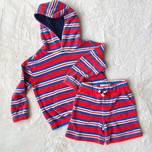 Mini Boden Red, Blue & White Striped Towelling Hoodie & Sweat Shorts Set